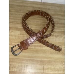 Women’s Skinny Woven Braided Brown Leather Belt Pin Brass Buckle One Size O/S